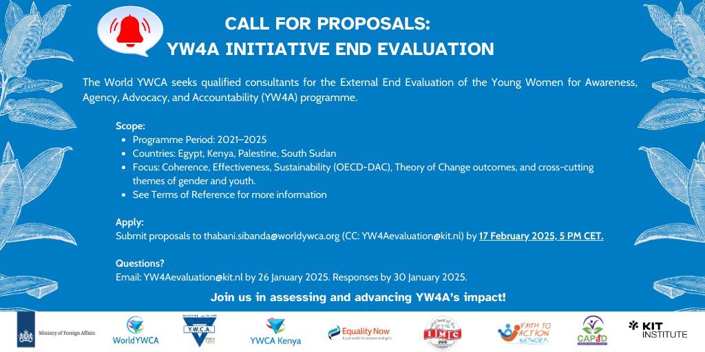 🌟Consultancy Opportunity!🌟

The World YWCA is seeking qualified consultants for the External End Evaluation of the Young Women for Awareness, Agency, Advocacy, and Accountability (#YW4A) programme.

📆 Deadline: 17 February 2025,
🔗 More information: worldywca.org/team/consultan…