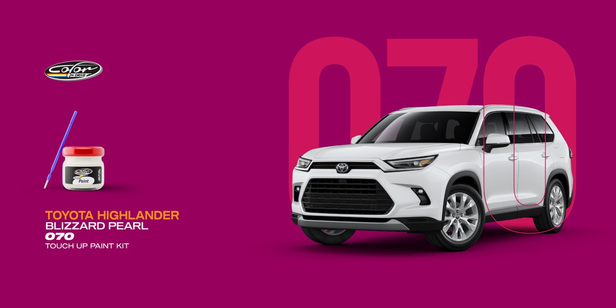 ColorNDrive's tweet photo. Keep your Toyota Highlander looking flawless with Color N Drive 🚗✨  
Blizzard Pearl (070) Touch Up Paint Kit – Perfect match for quick and easy scratch repair.  

Order now: https://t.co/3ySETvrB1t  
#ToyotaHighlander #TouchUpPaint #CarCare #ColorNDrive https://t.co/uEdobYQOeI