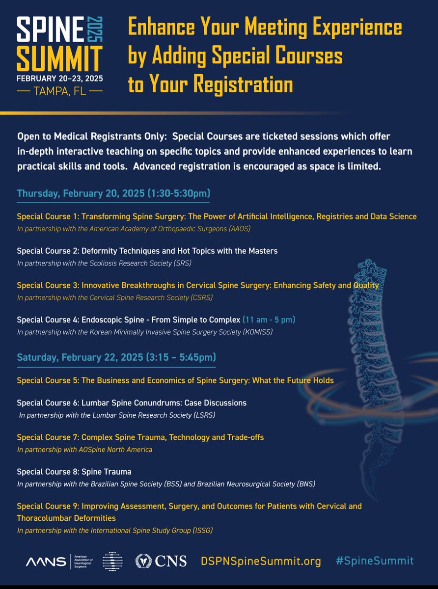 John H. Shin MD, MBA (@johnhshinmd) on Twitter photo Join us in Tampa for Spine Summit 25! We’re excited to have 💫 spine societies partner with us for these educational & networking events and more: <a href="/AAOS1/">AAOS</a>, <a href="/SRS_org/">Scoliosis Research Society</a>, <a href="/CSRS_org/">Cervical Spine Research Society</a>, KOMISS, <a href="/LSRSspine/">Lumbar Spine Research Society</a>, <a href="/AOSpineNA/">AO Spine North America</a>, ISSG, BNS, BSS
February 20–23, 2025
dspnspinesummit.org Join us in Tampa for Spine Summit 25! We’re excited to have 💫 spine societies partner with us for these educational & networking events and more: <a href="/AAOS1/">AAOS</a>, <a href="/SRS_org/">Scoliosis Research Society</a>, <a href="/CSRS_org/">Cervical Spine Research Society</a>, KOMISS, <a href="/LSRSspine/">Lumbar Spine Research Society</a>, <a href="/AOSpineNA/">AO Spine North America</a>, ISSG, BNS, BSS
February 20–23, 2025
dspnspinesummit.org