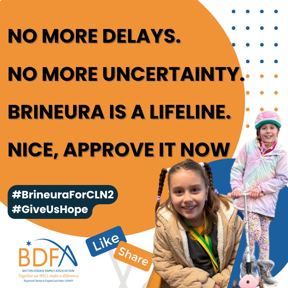 Jessica is 9,&amp;has been receiving Brineura for 8yrs, leading a life that has never been seen before,because of Brineura.Full of energy,active,running, scootering,climbing,playing. Help to ensure that ALL children with CLN2 access Brineura.Please share,comment,like #BrineuraForCLN2