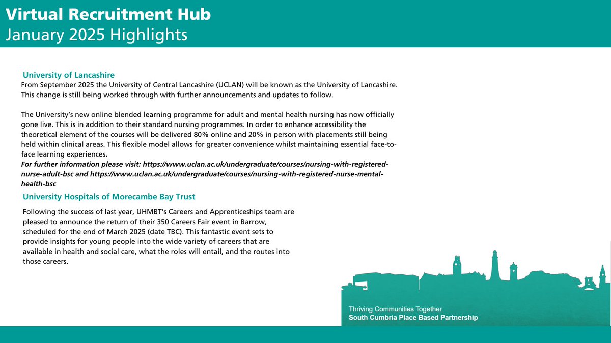 VRH_BHCP's tweet photo. Our January updates from the Virtual Recruitment Hub. This is a collaborative project with representatives from primary care and Lancashire and South Cumbria ICB working together to support our local communities. 🤝💚

@UHMBTCareers @UCLanCareers https://t.co/KWm3wRQAEF