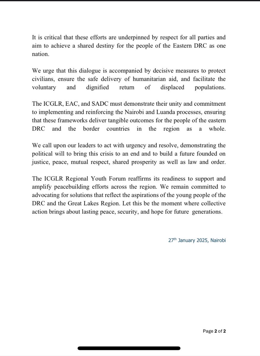 Our statement on the latest in #Goma #DRC crisis where the M23 group have now taken control of the strategic eastern DRC capital of Goma.

We call on leadership in the region to NOT LET OUR PEOPLE DOWN!
<a href="/un_greatlakes/">UN Great Lakes</a> <a href="/jumuiya/">East African Community</a> <a href="/SADC_News/">SADC Secretariat</a> <a href="/_ICGLR_/">International Conference on the Great Lakes Region</a>