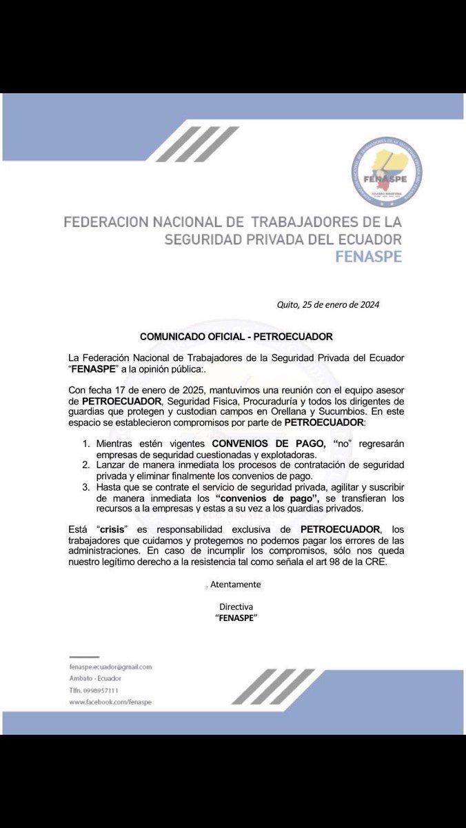 FENASPE1's tweet photo. 🔴🔴🔴
#Atencion
#ComunicadoOficial 
👮‍♀️Los trabajadores d la #SegPrivada, los miles d #Guardias q protegemos @EPPetroecuador NO podemos seguir pagando la irresponsabilidad d TODAS las administraciones
⚠️CUATRO años #ConveniosDePago #YaBasta
@inesmanzano 
@GomezlRichard https://t.co/06jM2OwTWK