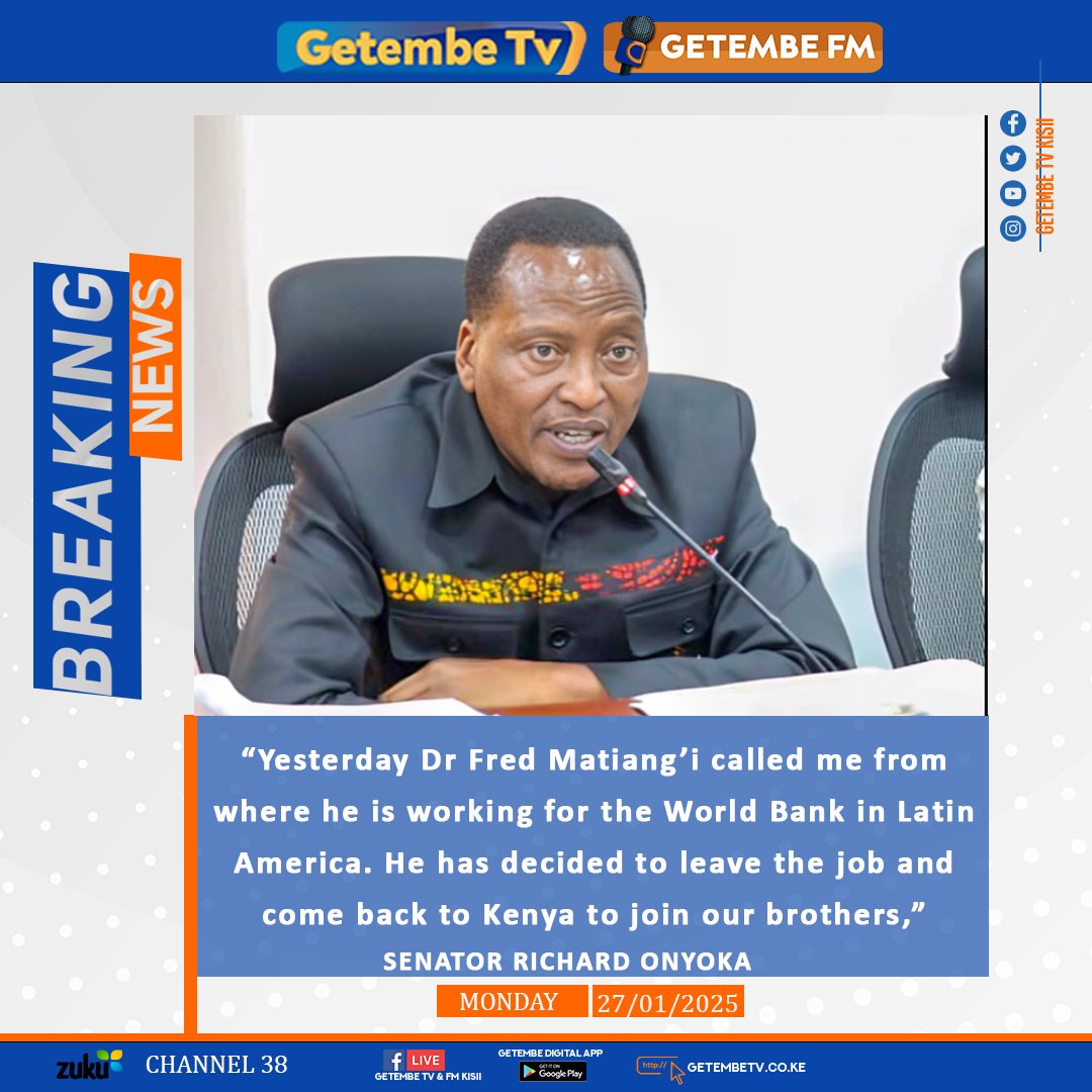GetembeTV's tweet photo. "Matiang’i will soon be leaving his position at the World Bank and come back to Kenya" - Senator Richard Onyonka.
Getembe Tv is now on @ZukuHome decoder channel 38 #FindITonZUKU #GetMoreForLess #GetembetvOnZuku https://t.co/fVlWobv9at