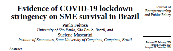 How did COVID-19 lockdown affect SME survival? 🧐 <a href="/s_mascarini/">Suelene Mascarini</a>  and I investigated this question and present our findings in our latest article. Stricter lockdowns significantly influenced SME resilience.
Read here: doi.org/10.1108/JEPP-0…
#SMEs #Lockdown #COVID19 #Resilience