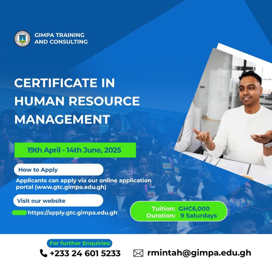 Advance your career with GIMPA's Certificate in Human Resource Management! 

Starting April 19th, 2025. 

Apply now at apply.gtc.gimpa.edu.gh. 

#HRTraining 

#CareerDevelopment