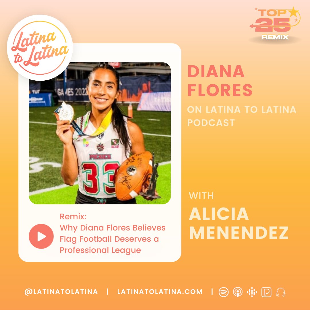 Latina to Latina (@latinatolatina) on Twitter photo 🔆 NEW EPISODE FT. <a href="/diana_flores33/">Diana Flores</a>
The captain and quarterback of Mexico's National Flag Football Team shares her journey to winning gold at the 2022 World Games, how being an athlete has shaped her relationship to her body, and more.
🎙️Listen: ow.ly/f8NP50Q37uY 🔆 NEW EPISODE FT. <a href="/diana_flores33/">Diana Flores</a>
The captain and quarterback of Mexico's National Flag Football Team shares her journey to winning gold at the 2022 World Games, how being an athlete has shaped her relationship to her body, and more.
🎙️Listen: ow.ly/f8NP50Q37uY