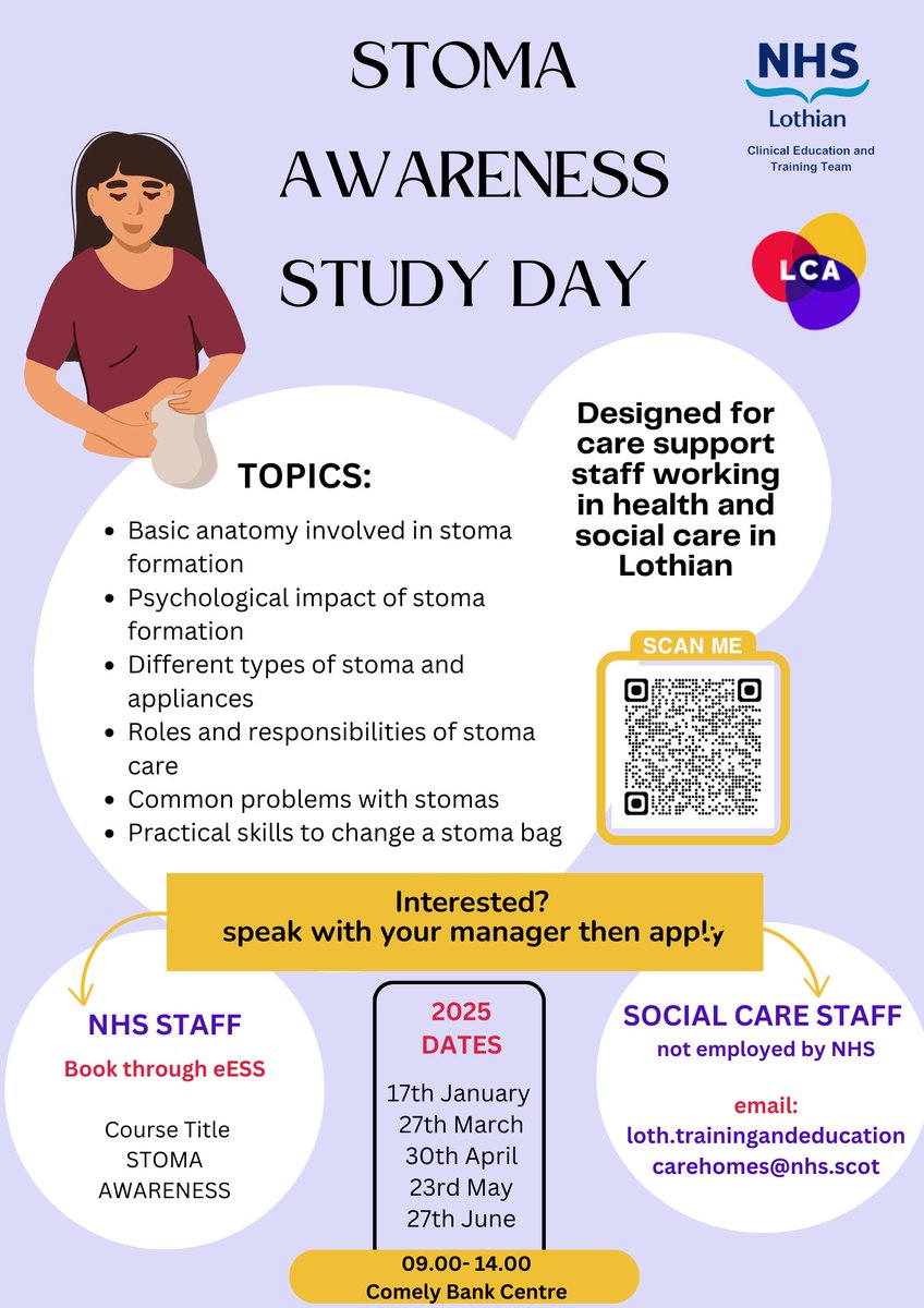 🚨 Stoma Awareness Education🚨 available for care home and care at home support staff 

Please see the website for more details including how to book 👇
services.nhslothian.scot/carehomes/stom…
#workingtogethertodeliverqualitycare
