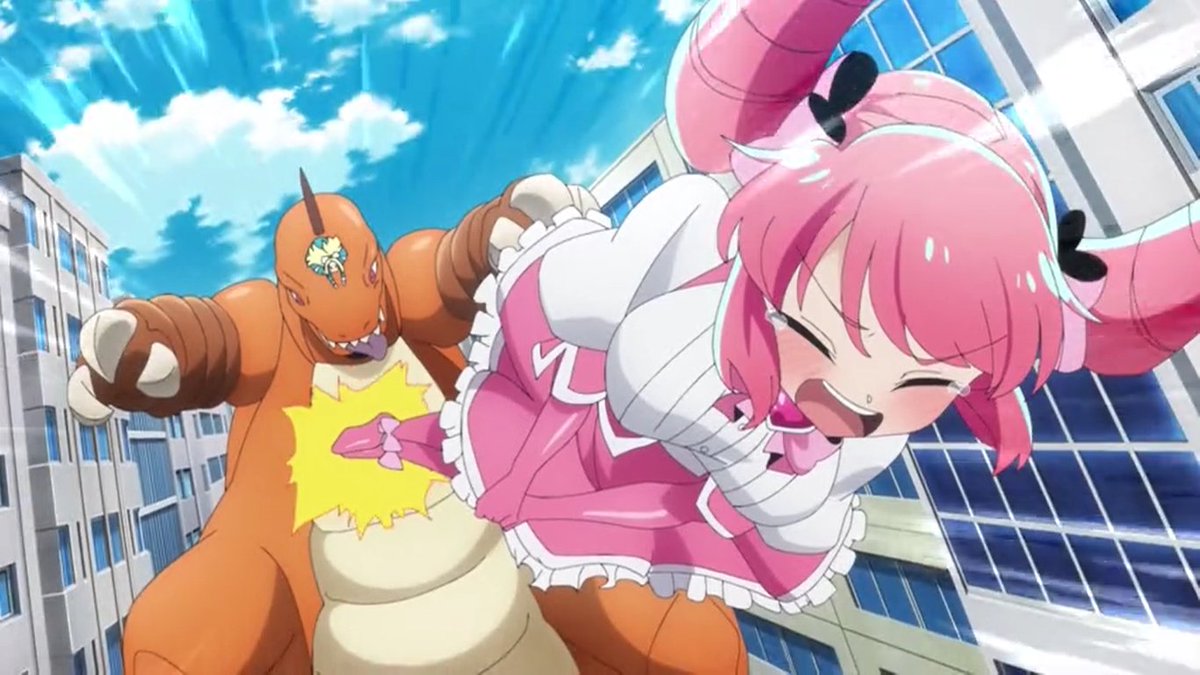 From Episode 12 of Gushing Over Magical Girls.
Being made to grow go fight a giant toy dinosaur isn't the worst thing to happen to anyone. But if you've seen the episode before, things get pretty embarrassing really fast. #giantess