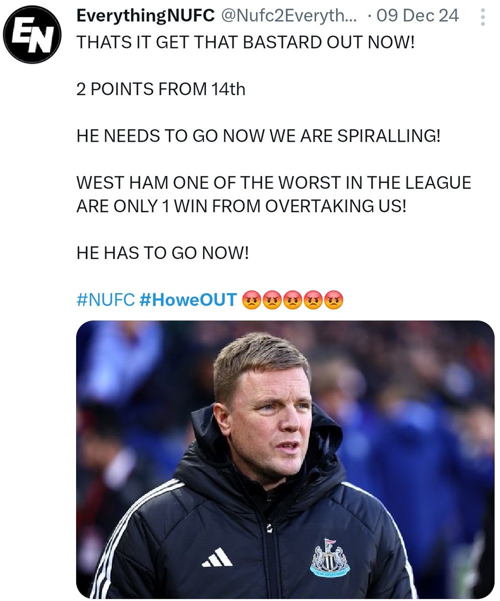 Videozz17's tweet image. Day two of the "Howe Out Whopper" awards 🏆 goes to a Semi-Famous #NUFC Twitter account! @Nufc2Everything. A brief read through their posts and I can see some semblance of sensible thought but it's also quite fair to say that this one is 100%, a fairweather supporter! #HoweOut