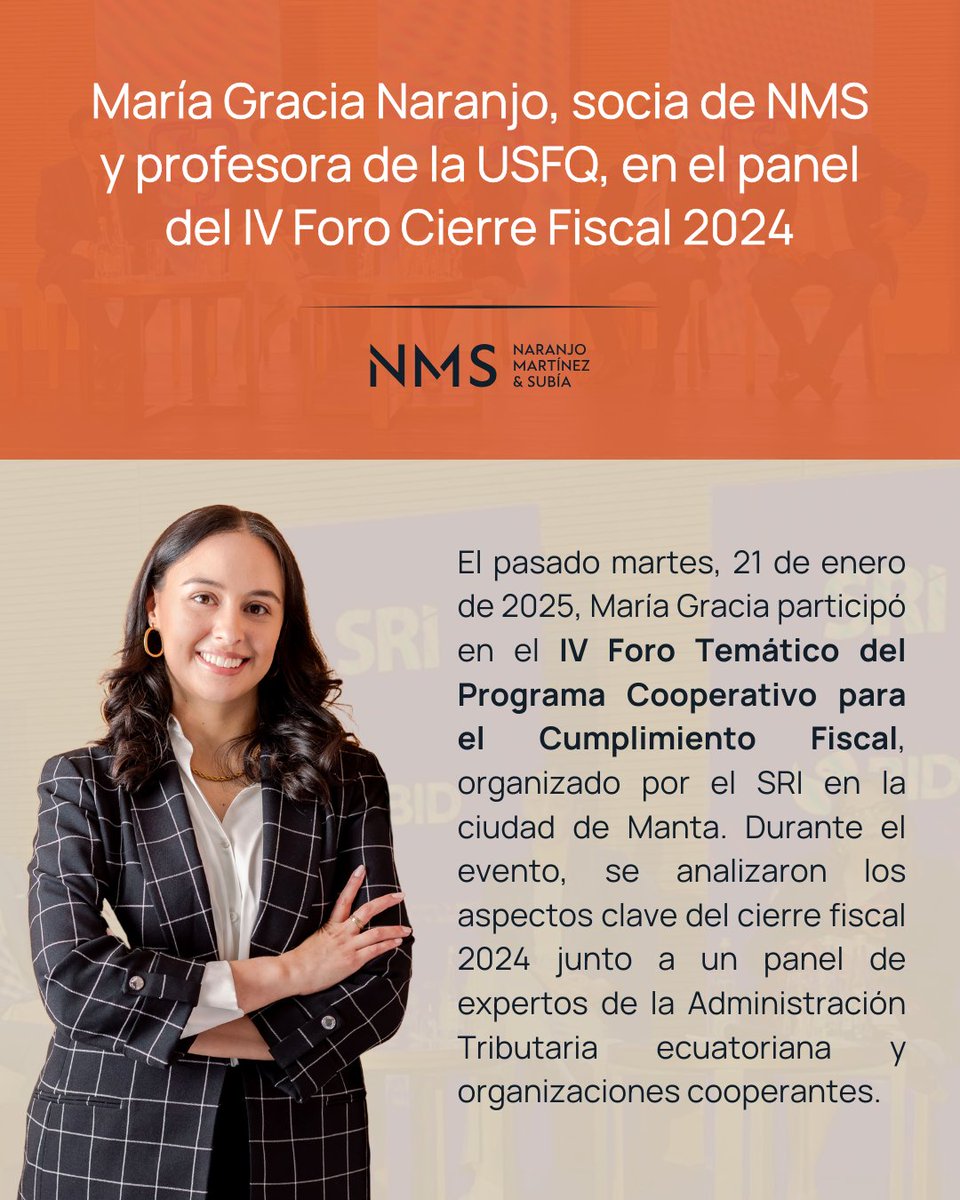 María Gracia Naranjo participó en el IV Foro Temático del Programa Cooperativo para el Cumplimiento Fiscal, organizado por el <a href="/SRIoficialEc/">SRI Ecuador</a> en la ciudad de Manta. Se analizaron los aspectos clave del cierre fiscal 2024 junto a un panel de expertos.

@MariaGraciaN
<a href="/USFQ_Ecuador/">Universidad San Francisco de Quito</a>