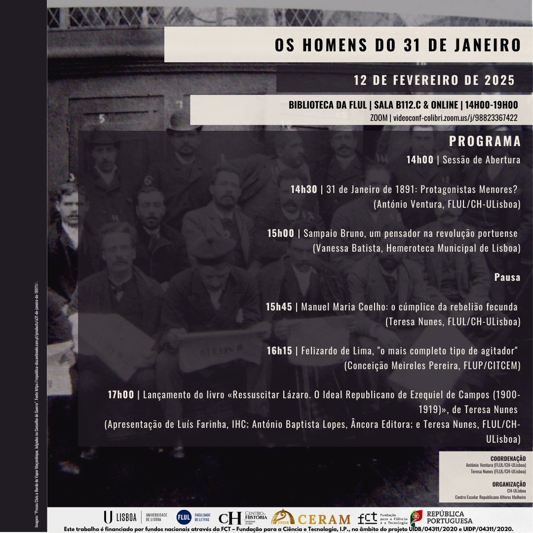 [Colóquio] Os Homens do 31 de Janeiro

📆 12 de Fevereiro de 2025
📍 FLUL | Sala B112.C e online
⏰ 14h00

+Info: chul.letras.ulisboa.pt/eventos-detalh…