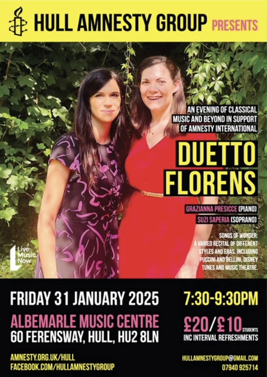Graziana Presicce (@grazykoala) on Twitter photo If you are around #Hull on Friday, you are most welcome to join me and #soprano <a href="/suzisap/">Suzi Saperia</a> for a fundraising concert for <a href="/AmnestyHull/">Hull Amnesty Int UK</a>. <a href="/LiveMusicNowUK/">Live Music Now</a>
It includes refreshments and lots of beautiful (and fun!) songs - from classical to Disney! 🎶
31 January, 7.30pm, <a href="/HullMusicHub/">Hull Music Service</a> If you are around #Hull on Friday, you are most welcome to join me and #soprano <a href="/suzisap/">Suzi Saperia</a> for a fundraising concert for <a href="/AmnestyHull/">Hull Amnesty Int UK</a>. <a href="/LiveMusicNowUK/">Live Music Now</a>
It includes refreshments and lots of beautiful (and fun!) songs - from classical to Disney! 🎶
31 January, 7.30pm, <a href="/HullMusicHub/">Hull Music Service</a>