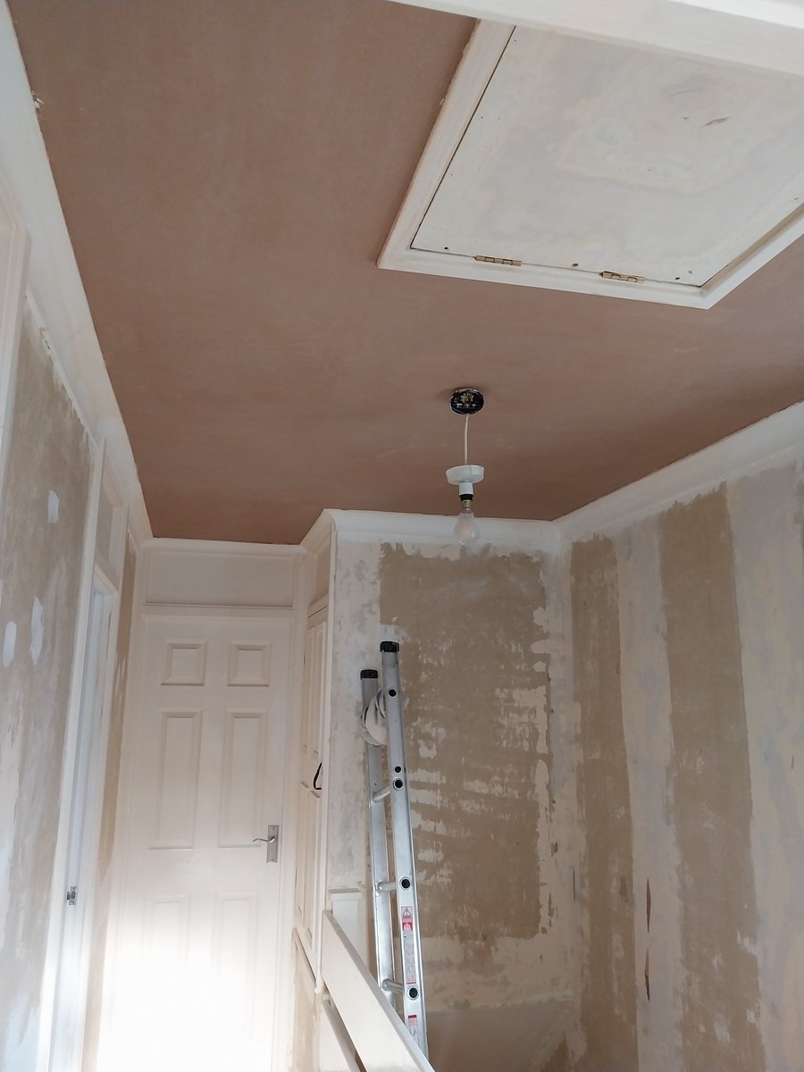Moving out onto the landing, ceiling skimmed and preparation started on the walls. 

#Decorating #Orpington