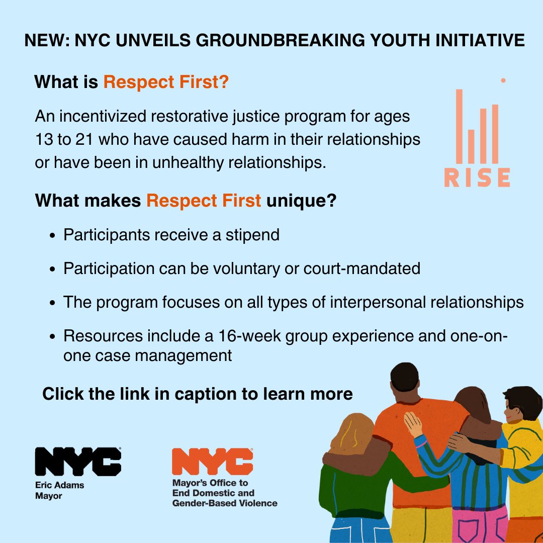 Office to End Domestic and Gender-Based Violence (@nycendgbv) on Twitter photo NEW: @nycmayor unveils Respect First <a href="/riseprojectnyc/">RISE Project</a>, a groundbreaking incentivized restorative justice program for NYC youth launching in the Bronx & soon citywide. Youth learn about healing, self-reflection & engaging in healthy relationships. More here: on.nyc.gov/40uZ3UD NEW: @nycmayor unveils Respect First <a href="/riseprojectnyc/">RISE Project</a>, a groundbreaking incentivized restorative justice program for NYC youth launching in the Bronx & soon citywide. Youth learn about healing, self-reflection & engaging in healthy relationships. More here: on.nyc.gov/40uZ3UD