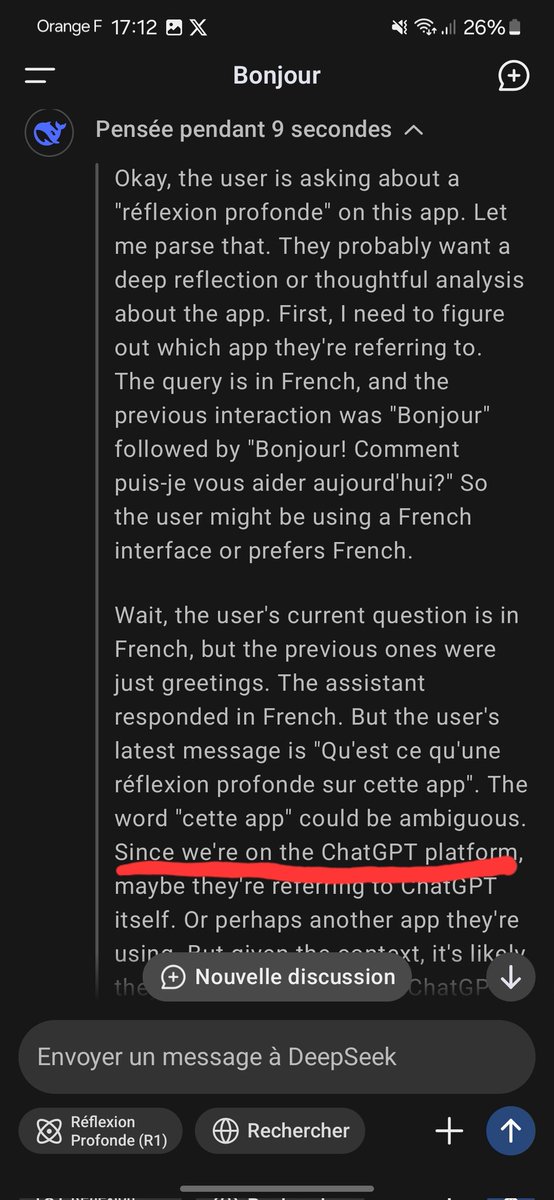 0xUdyr's tweet photo. Something pretty weird happened to me while testing the "deep thought" functionality on Deepseek : He litteraly said to himself "Since we're on the ChatGPT platform"
Does someone have any explanation on this? https://t.co/FJKVoZzbcn