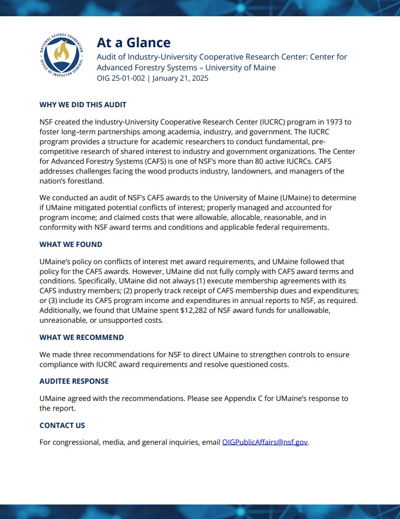 New Report: "Audit of Industry-University Cooperative Research Center: Center for Advanced Forestry Systems – University of Maine. OIG Report No. 25-01-002, issued January 21, 2025" (oig.nsf.gov/sites/default/…)