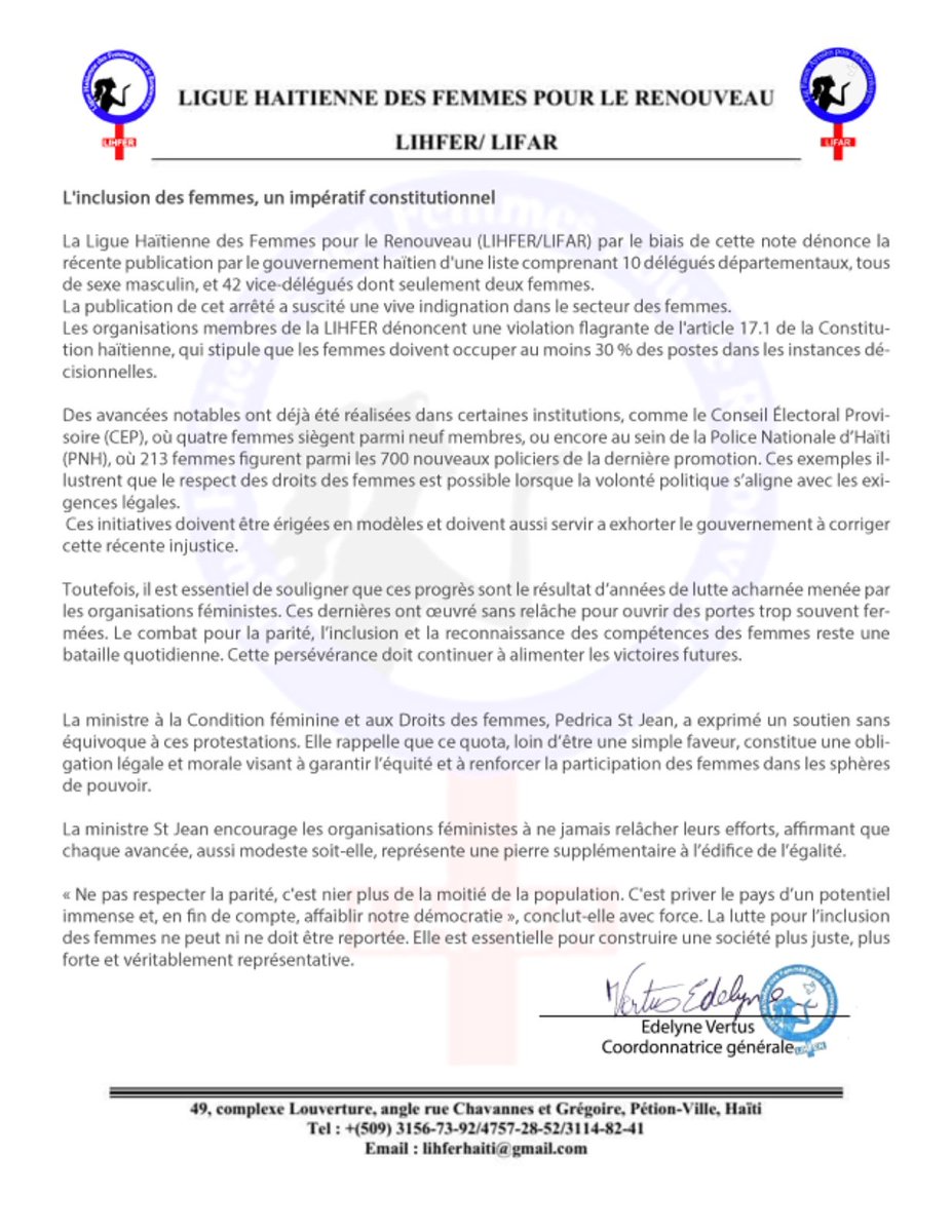 La Ligue Haïtienne des Femmes pour le Renouveau dénonce le quota 30% des femmes qui ne sont respectés dans la nomination des dix délégués départementaux et les 42 délégués de ville.