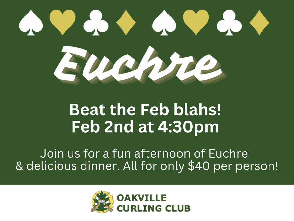 Beat the February blahs! Join us Feb 2nd at OCC for a fun and social Euchre Game. There's still space so you and your friends can sign up today. Games are 4:30pm to 7pm with a yummy buffet dinner afterwards. Prizes for the winners. Register now: buff.ly/3CqvITh