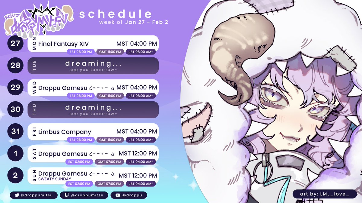 droppumitsu's tweet photo. 💜『SCHEDULE FOR 01/27 - 02/02』🩶
Let's have another fun week together~ Links in replies!

≡ #droppulert ≡ https://t.co/9X12qomnZT