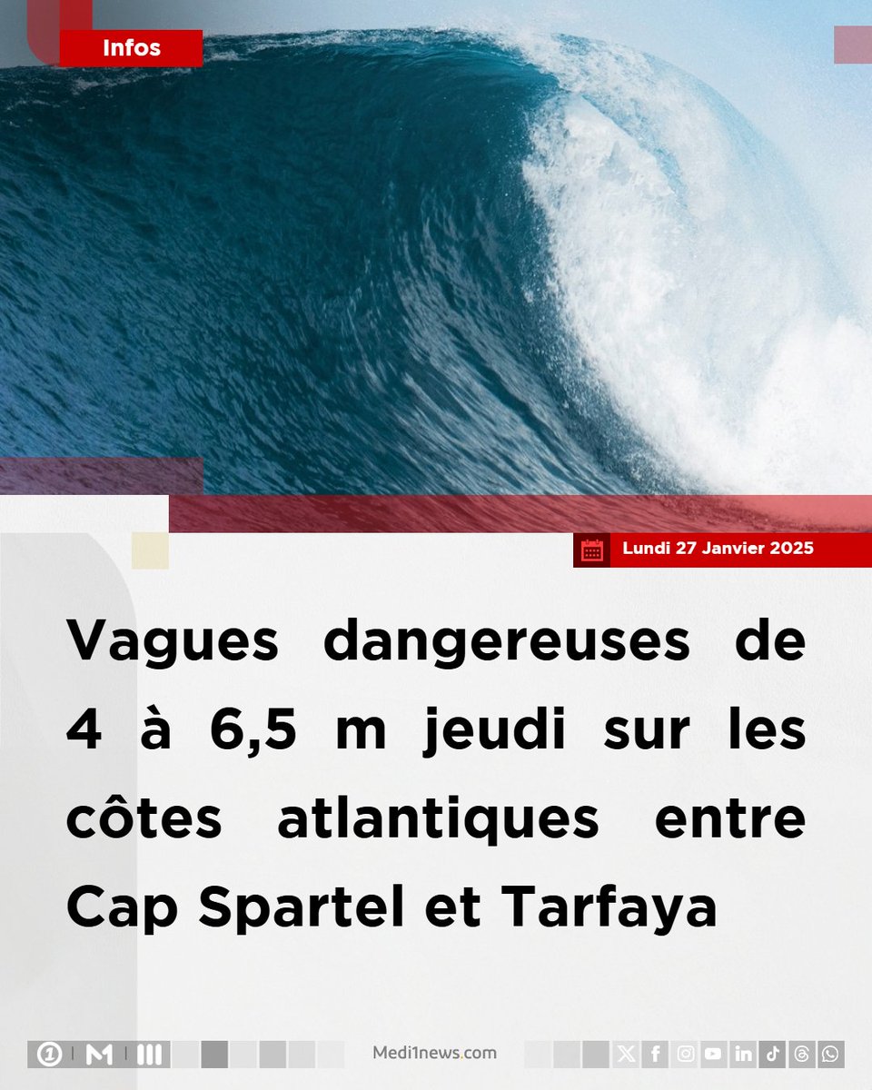 Medi1News's tweet photo. #Maroc : #vagues_dangereuses de 4 à 6,5 m jeudi sur les #côtes_atlantiques entre #CapSpartel et #Tarfaya
https://t.co/kd43p16ESn https://t.co/0X09XP86Ae