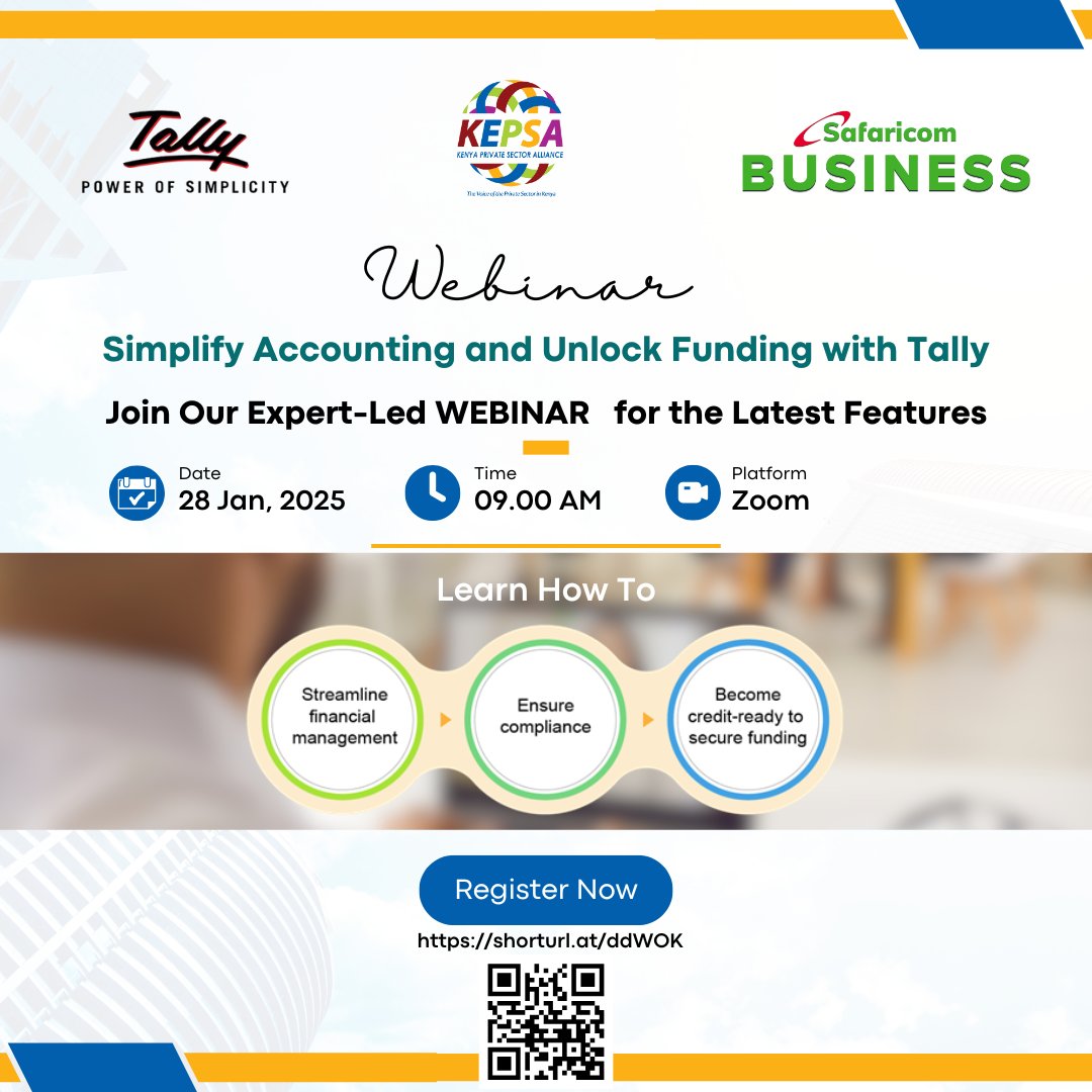 Join <a href="/SafBusiness_/">Albino Watson</a> , <a href="/tallysolutions/">Tally Solutions</a>  &amp; <a href="/KEPSA_KENYA/">KEPSA KENYA</a> for a FREE webinar on 28th January 2025 at 9 AM to learn how to simplify your accounting, unlock funding opportunities, and gain a competitive edge by streamlining your finances, exploring available funding sources, and gaining