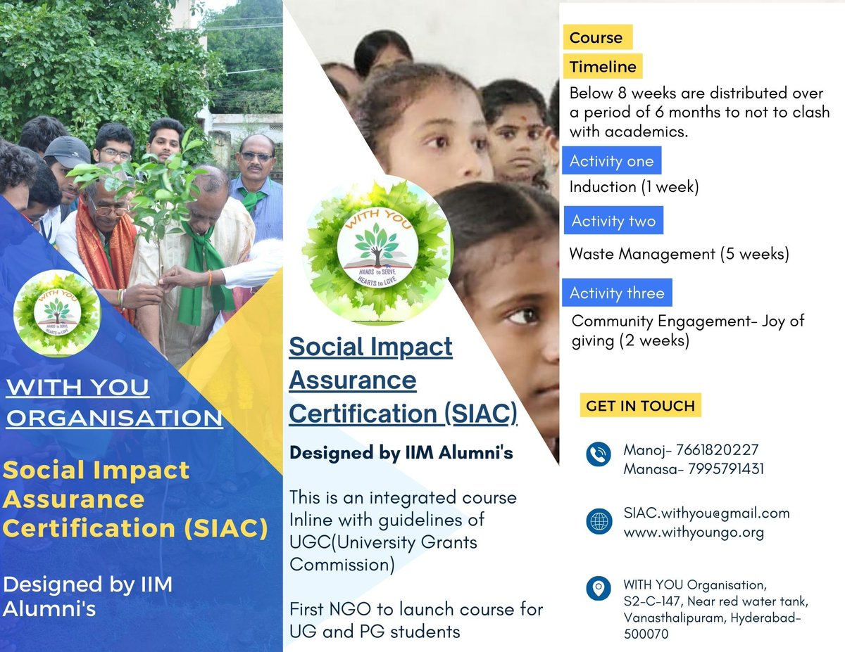 Withyou_org's tweet photo. Introducing the Social Impact Assurance Certificate (SIAC)! 
Are you ready to create a meaningful impact while gaining hands-on experience in social service and community engagement?
Registration fee: Just ₹200!
Seats are limited, with only 50 participants per batch. https://t.co/YP4vOIDkUH
