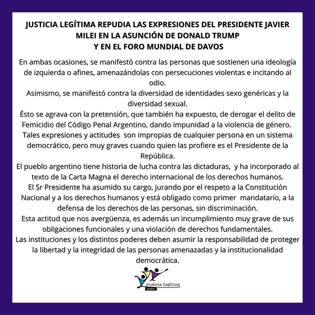 Just_Legitima's tweet photo. Justicia Legítima repudia las expresiones del Presidente Javier Milei en la asunción de Donald Trump y en el foro Mundial de Davos. https://t.co/ZlMOKOgWVA