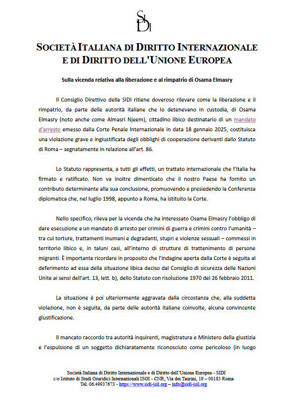 SIDIorg's tweet photo. 👉Sulla vicenda relativa alla liberazione e al #rimpatrio di Osama #Elmasry, Intervento del Consiglio Direttivo della Società italiana di #Diritto internazionale e di Diritto dell’UE https://t.co/aT62ab9TgX #SIDI #internationalcriminalcourt #Almasri https://t.co/PPic0luv21