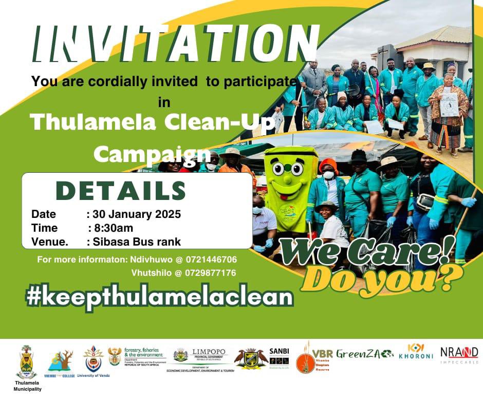 GreenZAenviro's tweet photo. GreenZA invites you to be part of the Thulamela Clean-Up Campaign, and we’d love for everyone in the Thulamela area to join us in this important initiative. Together, we can make a lasting difference in keeping our community clean and sustainable.
#KeepThulamelaClean! https://t.co/T4lEjnmYNc