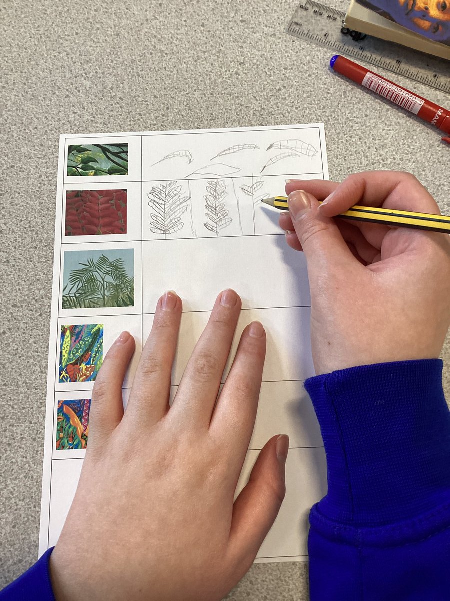 TH_Year6's tweet image. We are exploring the work of Henri Rousseau and John Dyer. We have looked at their different techniques to develop their rainforest art. Today we are focusing on different types of leaves.