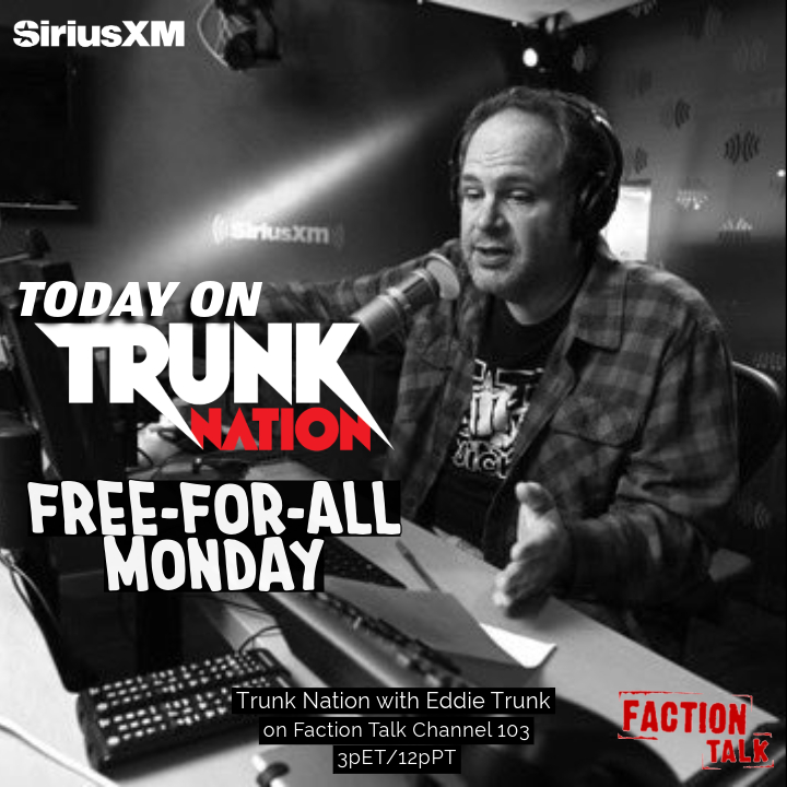 TrunkNationSXM's tweet photo. Today on #TrunkNation - @EddieTrunk kicks off another week of ROCK talk with all the latest from over the weekend, then it's open phones for #FreeForAllMonday! Dial @factiontalkxl ch. 103 at 844-686-5863 from 3-5pET or listen anytime on the @SIRIUSXM app: https://t.co/nwKVQseELf https://t.co/yiLRztg9sj