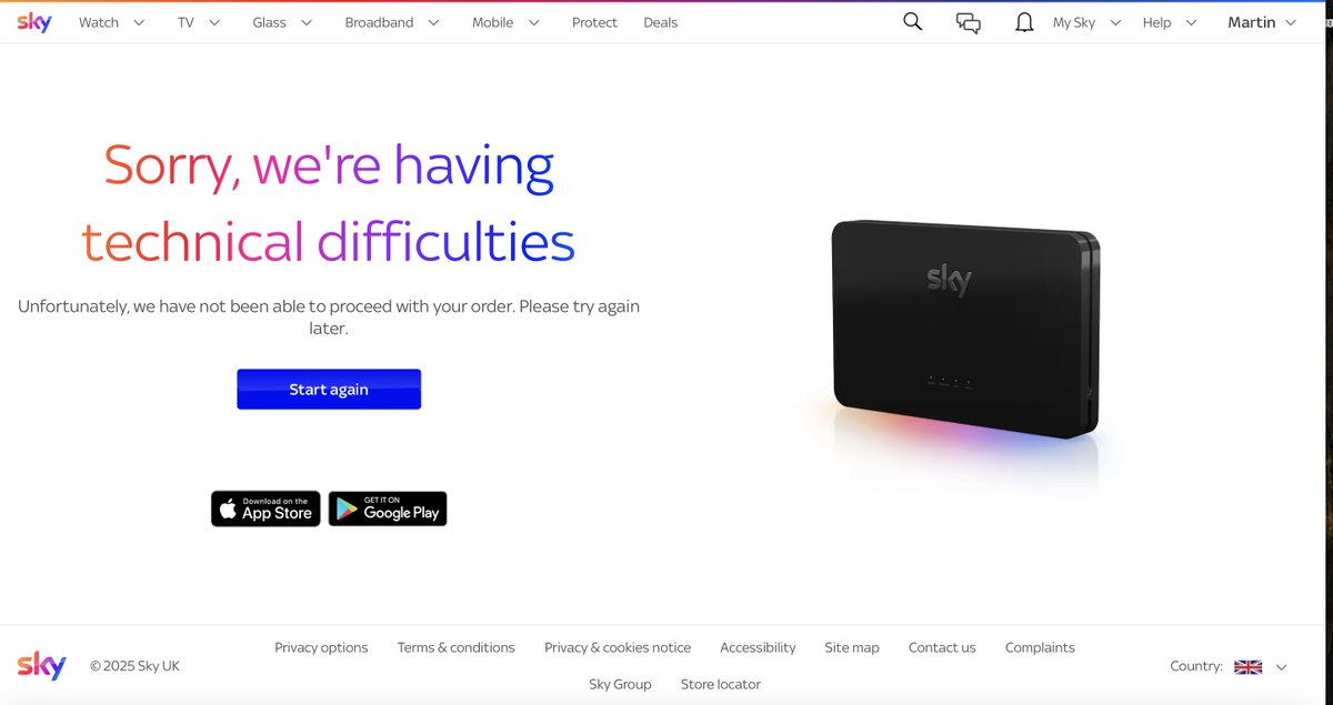 NightRanger11's tweet photo. @skyuk - An hour on chat and just about to complete renewal and it cuts off. Tried last night and this morning to complete broadband upgrade online and both times technical difficulties - you then email me to complete order with cheaper offer that isn't there - what's going on!! https://t.co/FtJPeVUZQq