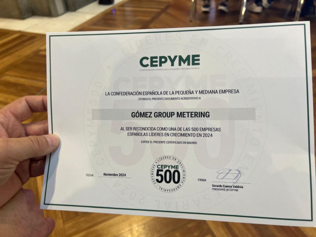 Gomez Group Metering, una de las empresas Líderes en Crecimiento en 2024. Nuestro CEO, Luis Cid-Fuentes, recibe el reconocimiento de <a href="/cepyme_/">CEPYME</a> que destaca  los resultados de los últimos años en cuanto a crecimiento y capacidad para generar actividad y empleo.
#CEPYME500