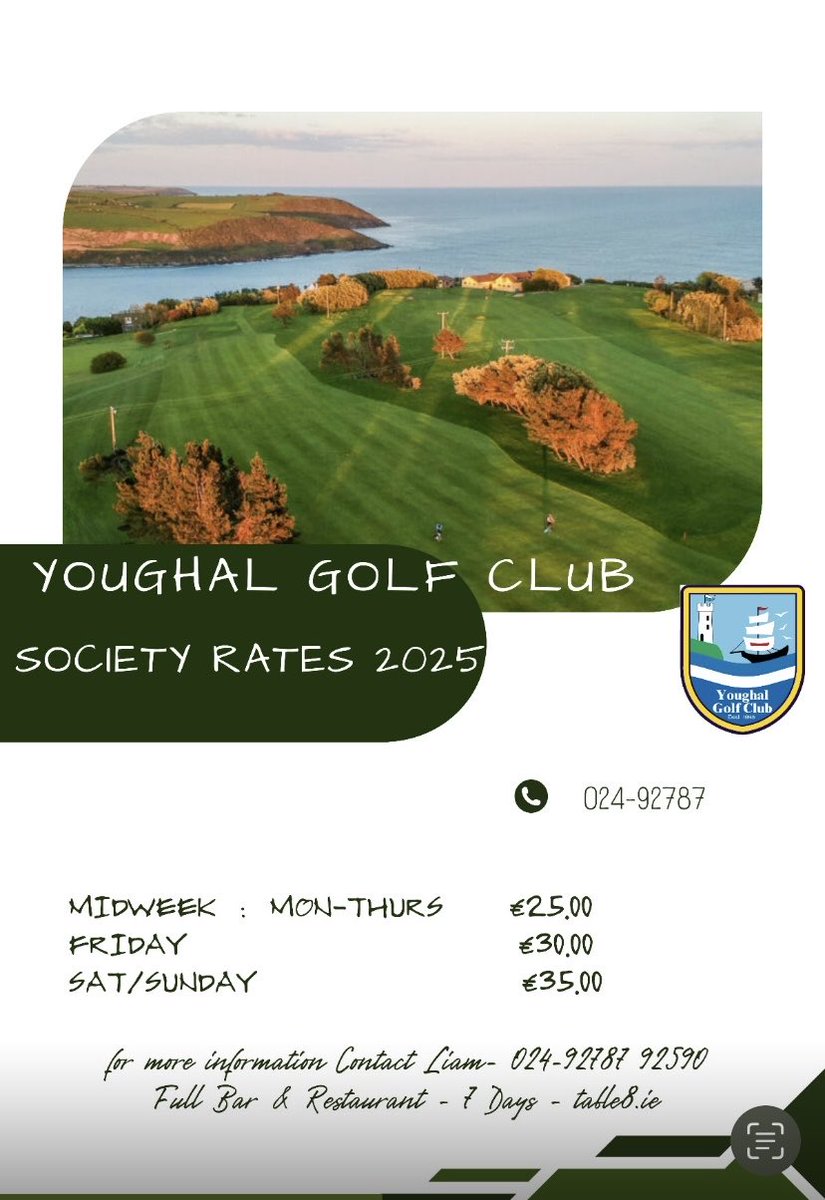 Membership Green Fees rates ⁦<a href="/youghalgolfclub/">Youghal Golf Club</a>⁩ for bookings contact ⁦<a href="/liamburnspga/">Liam Burns Golf</a>⁩ 024/92787/92590. ⁦<a href="/YoughalGAA/">Youghal GAA</a>⁩ ⁦<a href="/Youghal_RFC/">youghal rugby club</a>⁩ ⁦<a href="/KilleaghGAA/">Killeagh GAA</a>⁩ ⁦<a href="/HealthyKilleagh/">KilleaghHealthyClubs</a>⁩ ⁦<a href="/visityoughal/">Visit Youghal</a>⁩ ⁦<a href="/Golf_Societies/">Golf Societies</a>⁩ ⁦⁦<a href="/OpenGolfIreland/">Open Golf Ireland (O.G.I.)</a>⁩