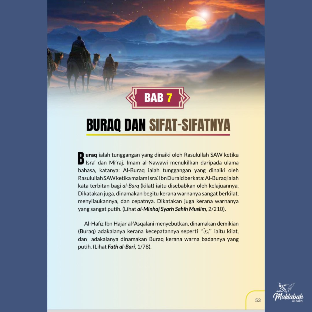 drzul_albakri's tweet photo. “MISTERI” BURAQ, HAIWAN MULIA TUNGGANGAN RASULULLAH SAW 

Saya kemukakan dalam buku saya Isra’ & Mi’raj: Perjalanan Kepada Yang Maha Agung, satu bab khusus tentang Buraq dan Sifat-Sifatnya. 

Maha suci Allah SWT yang menciptakan haiwan seperti ini, menjadi tunggangan para Nabi, termasuk Rasulullah SAW. 

Untuk pembelian, klik https://t.co/ZPXSHIXpJj

Lihat rajutan untuk sambungan