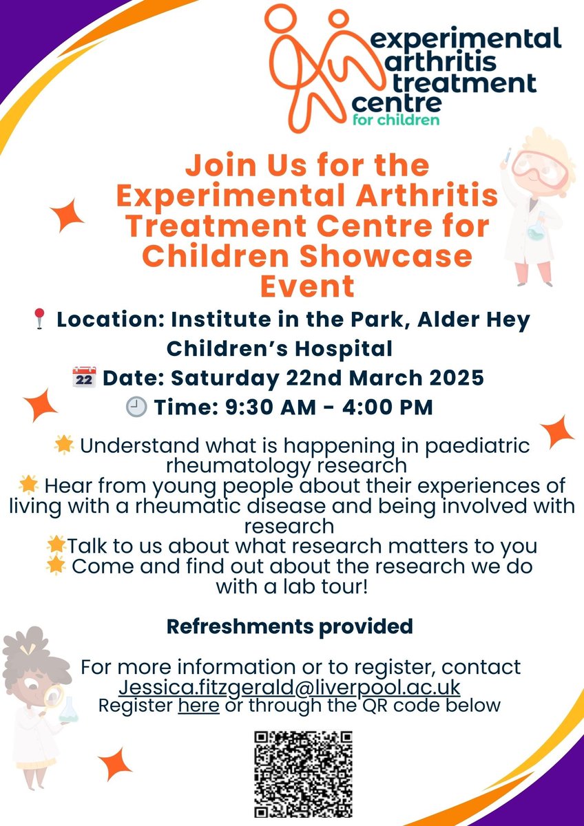 Event alert! Join us for the <a href="/EATC4Children/">EATC for Children</a>'s Showcase Event at the Institute in the Park, Alder Hey Children’s Hospital on Saturday 22nd March 2025!

9:30 AM - 4:00 PM
Details below!

#EATCShowcase #PaediatricResearch #MakingADifference #JoinUs <a href="/AlderHey/">🏥 Alder Hey 💙</a> <a href="/LivUni/">University of Liverpool</a> <a href="/LivUniResearch/">Research at University of Liverpool</a>