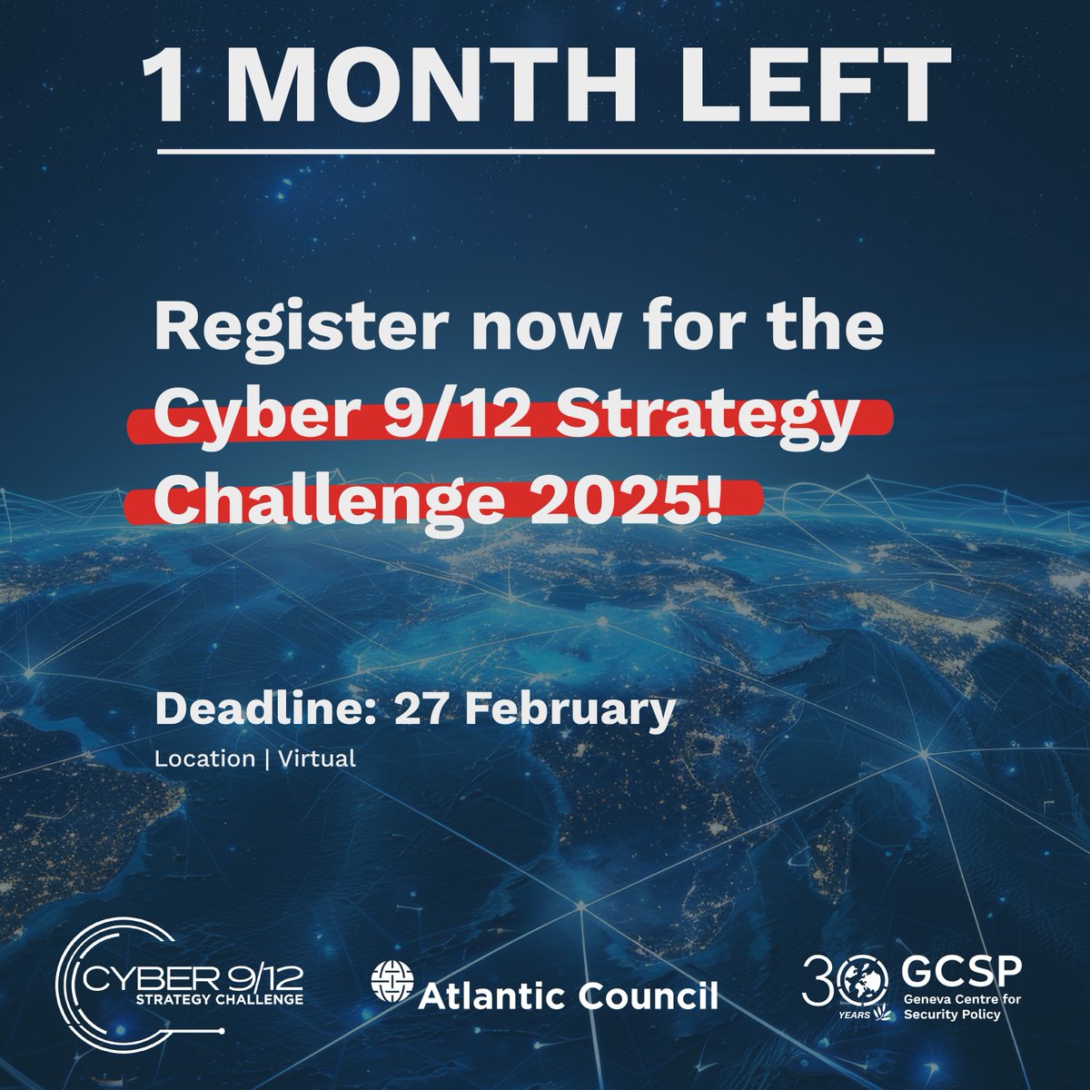 TheGCSP's tweet photo. ‼️ Only one month left to sign up for this year's virtual #Cyber912 Strategy Challenge! Register your team before 27 February for the opportunity to meet #cybersecurity experts and competitors from all over the world: https://t.co/ZRf5QQANaW
More info: cyber-competition@gcsp.ch https://t.co/YK1UIz6OYg