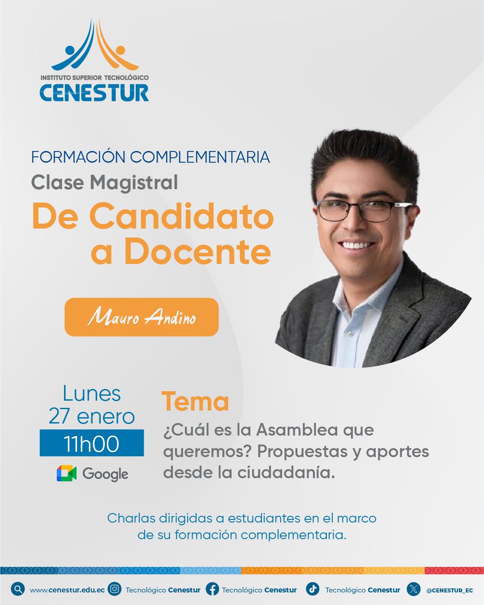 Instituto CENESTUR (@cenestur_ec) on Twitter photo Hoy nos visita <a href="/mauroandinoe/">Mauro Andino Espinoza</a> para dictarnos su charla magistral "¿Cuál es la Asamblea que queremos? Propuestas y aportes desde la ciudadanía". En el marco del fortalecimiento de las carreras de Negocios y como parte de la Formación Complementaria. #DeCandidatoADocente Hoy nos visita <a href="/mauroandinoe/">Mauro Andino Espinoza</a> para dictarnos su charla magistral "¿Cuál es la Asamblea que queremos? Propuestas y aportes desde la ciudadanía". En el marco del fortalecimiento de las carreras de Negocios y como parte de la Formación Complementaria. #DeCandidatoADocente