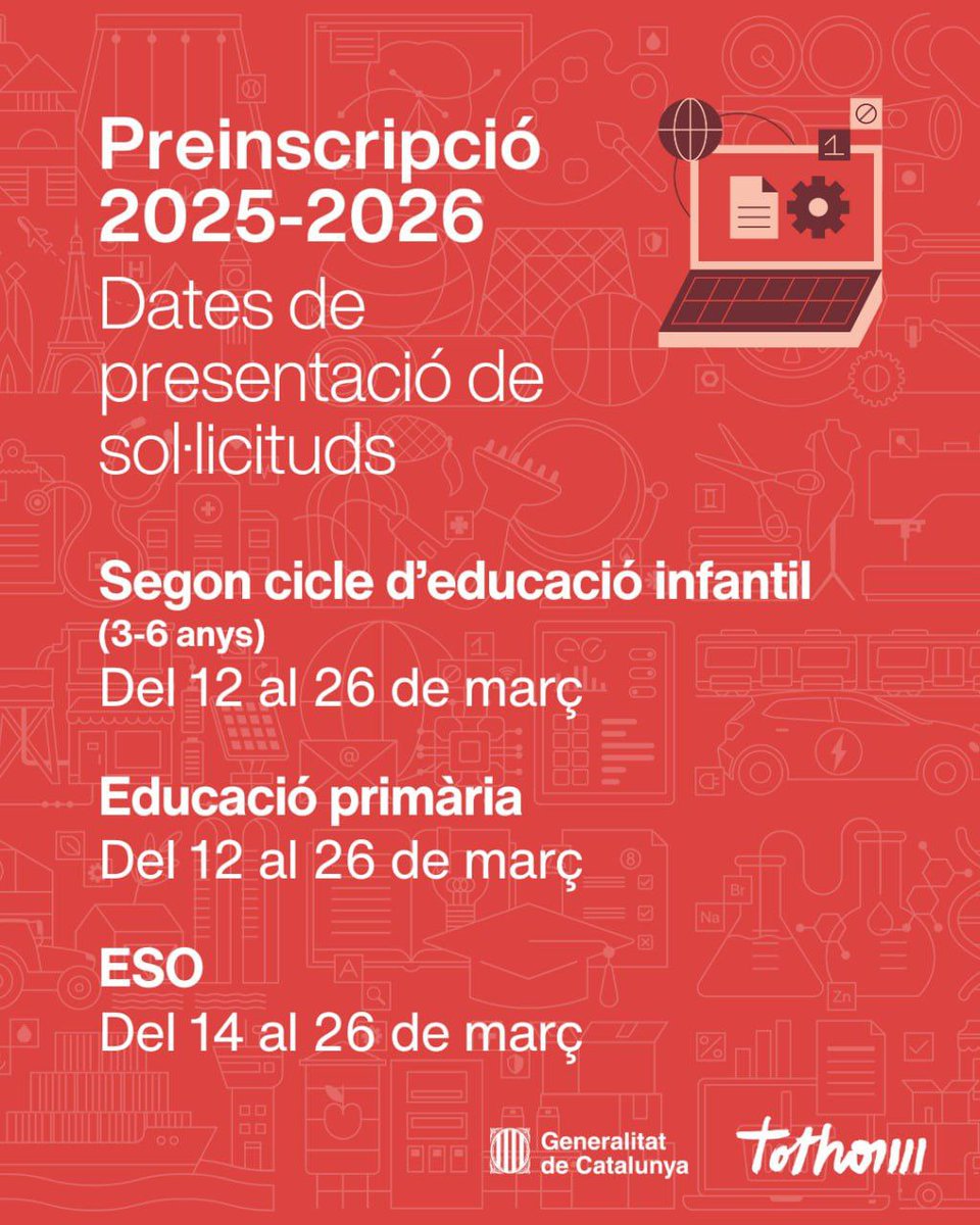 📆 Primeres dates del procés de preinscripció escolar pel curs 2025/26.

📆 Educació infantil i primària, del 12 al 26 de març

📆 Educació secundària obligatòria, del 14 al 26 de març

🔗 tuit.cat/z3f93