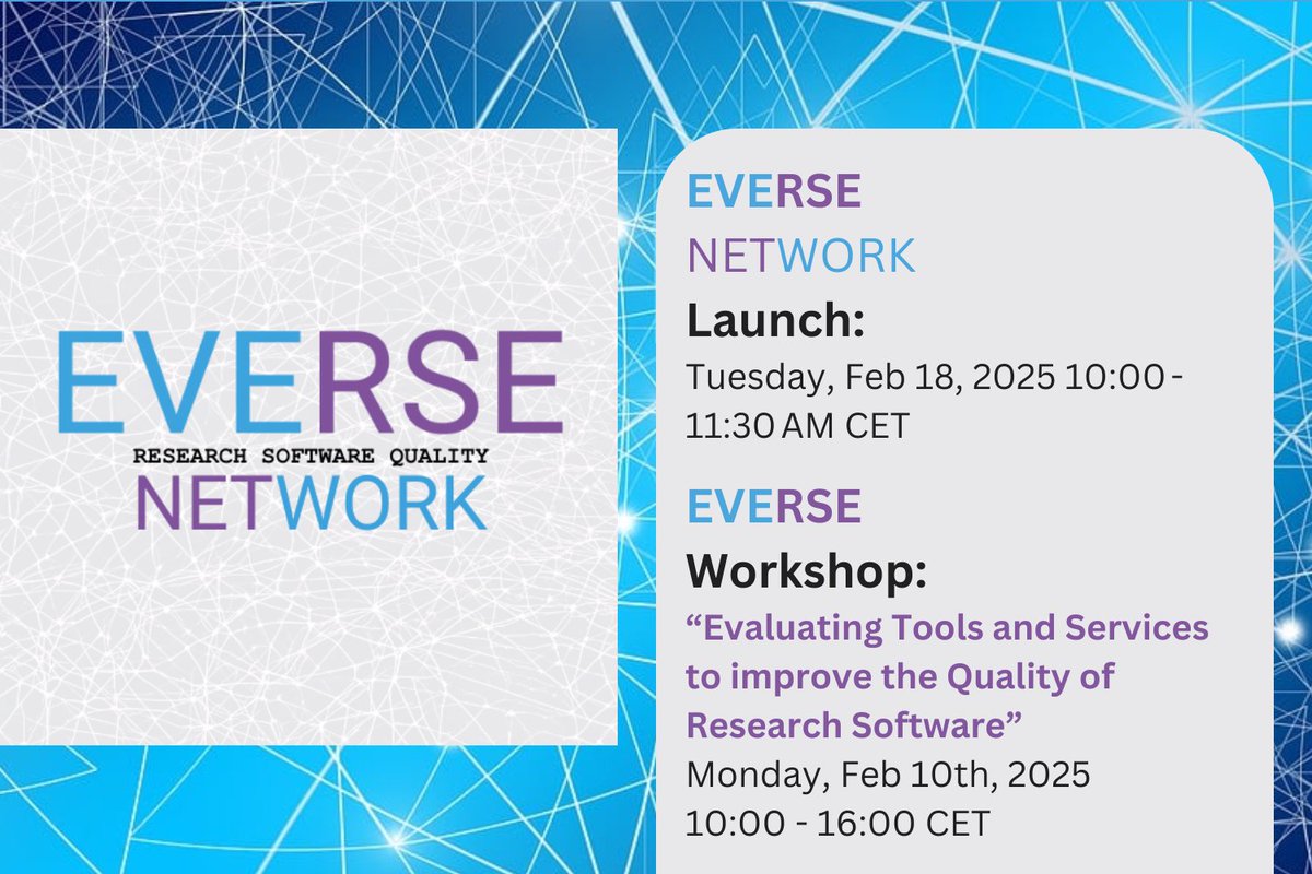 OpenAIRE_eu's tweet photo. OpenAIRE invites you to TWO exciting #EVERSE events this February!
A 90-min online #event introducing the EVERSE community and its mission to improve research software quality.
-18 Feb: EVERSE Network Launch (10:00–11:30 CET)
------------------------------------------------------------------------------------------------------------------------
An event that is exploring tools & strategies to enhance research software!
-10 Feb: Workshop on Research Software Quality (10:00–16:00 CET).
Don’t miss these opportunities to connect, collaborate, and shape the future of research software quality!
👉Read our article, register & check all the details: https://t.co/c9UuoCkVvT
#EVERSE #OpenScience #ResearchSoftware #Networking