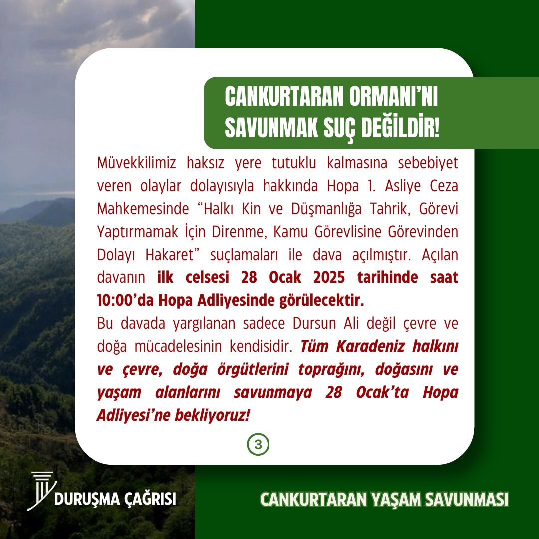 Yaşam alanlarını ve Reşit Kibar’ı katleden çeteleri  ifşa ettiği için 90 gün tutuklu kalan Dursun Ali Koyuncu yoldaşımızın  tutuklu  kaldığı dosyanın ilk duruşmasında Hopa Adliyesinde olacağız. 

🗓️  28 Ocak Salı
⏰ 10.00 
📍 Hopa Adliyesi