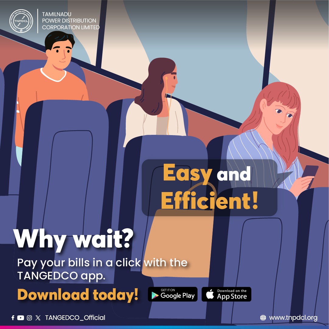 Switch to smart payments! ⚡ Pay your electricity bills seamlessly anytime, anywhere with the TANGEDCO app. 
Download now! 📲
Android 👉 play.google.com/store/apps/det…
iOS 👉 apps.apple.com/in/app/tangedc… 

#SmartPayments | #TNPDCL | #TANGEDCO | #TNEB