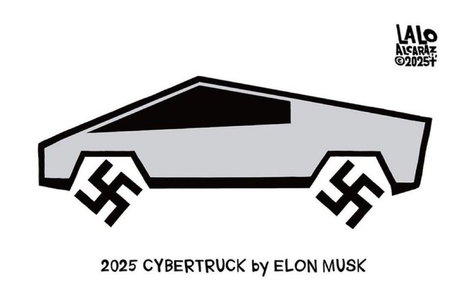aintscarylarry's tweet photo. Tesla? Nope. Cybertruck? Nope. Get behind the swastika-shaped wheel and cruise into fascism in South African Nazi Elon Musk’s #swasticars. All poison gas, no brakes. https://t.co/lCZg03Drxv