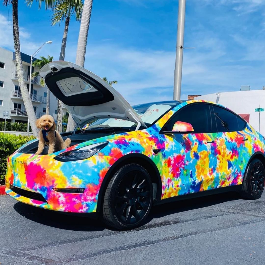 evannex_com's tweet image. @TwixDaPoodle’s Model 3 wrap is a kaleidoscope of hues. What a bold splash of personality!🌈

 #TeslaModification #TeslaStyle #FutureOnWheels #ElectricElegance #EVLife #SustainableLuxury