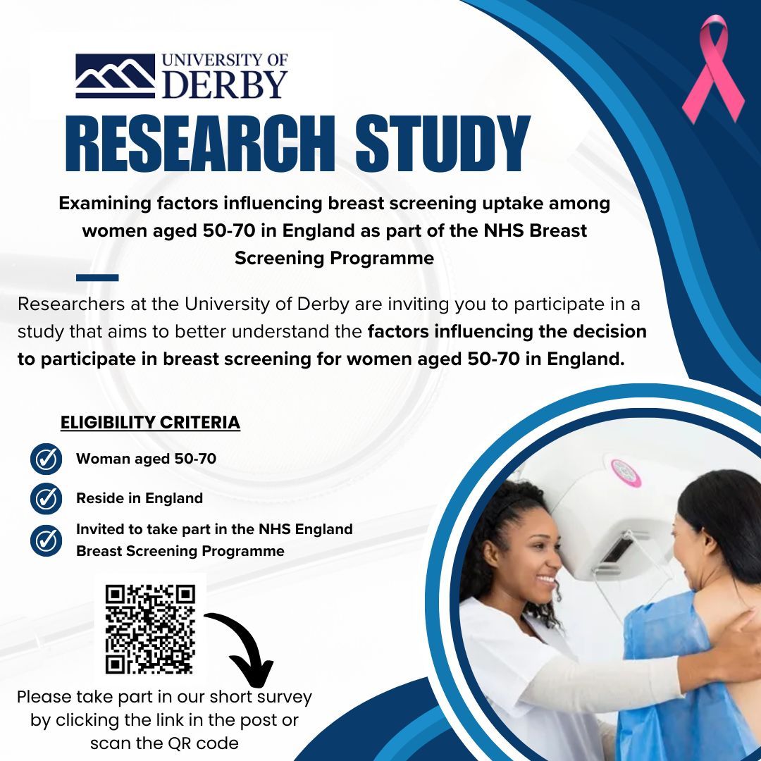 📣 Call for participants!📣 

Can you help Sarah with her study? Sarah is investigating the factors influencing the decision to participate in breast screening for women aged 50-70 in England.

To participate please click the link, or scan the QR code.

derby.qualtrics.com/jfe/form/SV_0f…