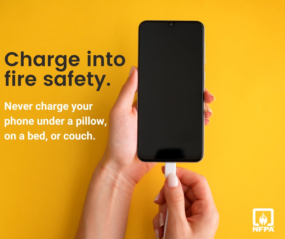 Lithium-ion batteries can overheat, catch fire or explode if used incorrectly. Make sure you are charging devices on a hard surface like a desk, table, or counter. For more Lithium-ion battery safety tips: nfpa.org/lithiumionsafe… #LithiumIonSafety #SafeEnergyStorage
