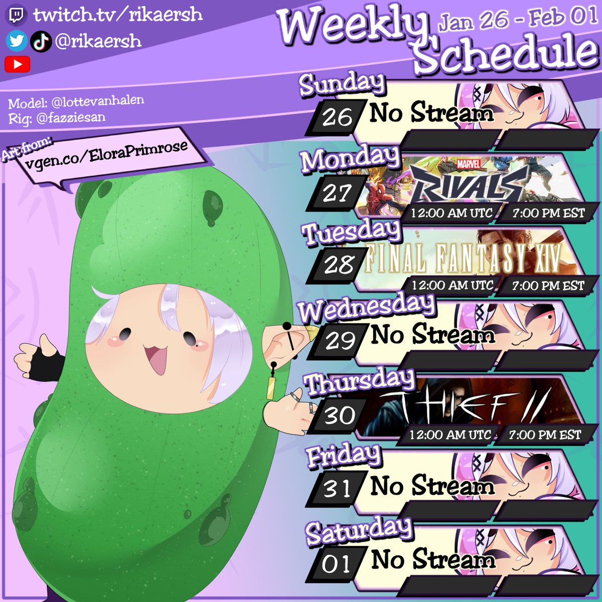 Rikaersh's tweet photo. ⚡️Weekly Schedule Alert⚡️  
【January 26 - February 01】

It's @Elora_Primrose 's birthday on Saturday btw

🔴Live: #RikaInYourWalls
🎨Art: #Rikaert
🥛Memes: #Rikaresh
🎥Clips: #Rikaforthevine https://t.co/HElEVu51Ka