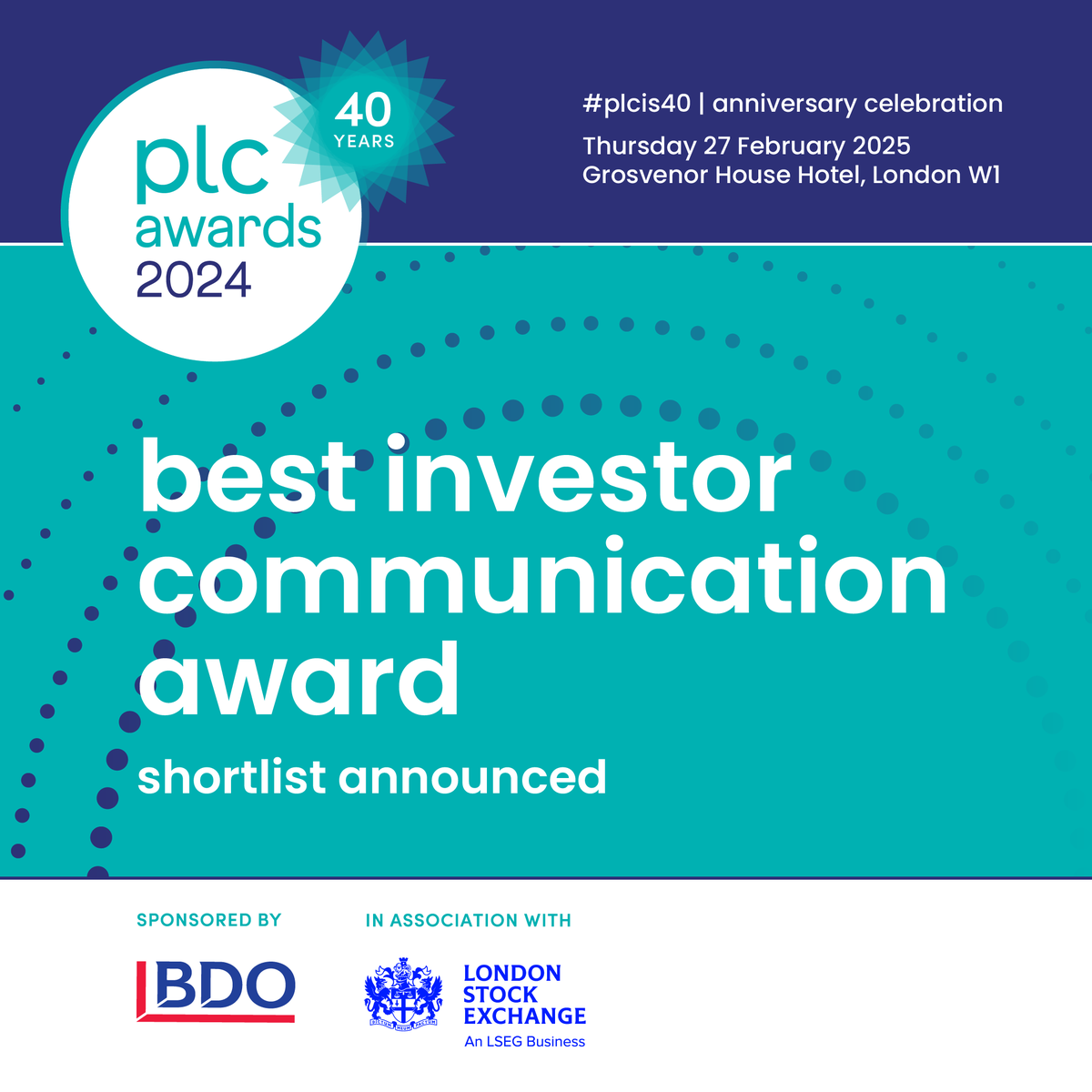 Congratulations to the outstanding businesses shortlisted for the Best Investor Communication Award sponsored by <a href="/RothschildCo/">Rothschild & Co</a> - they are <a href="/Babcockplc/">Babcock International</a> <a href="/Experian/">Experian</a> <a href="/hikmapharma/">Hikma</a> <a href="/KenmareRes/">Kenmare Resources Plc</a> @LBGplcBanking <a href="/zigup_plc/">ZIGUP</a>. The winner will be announced at the awards on 27 February #plcis40