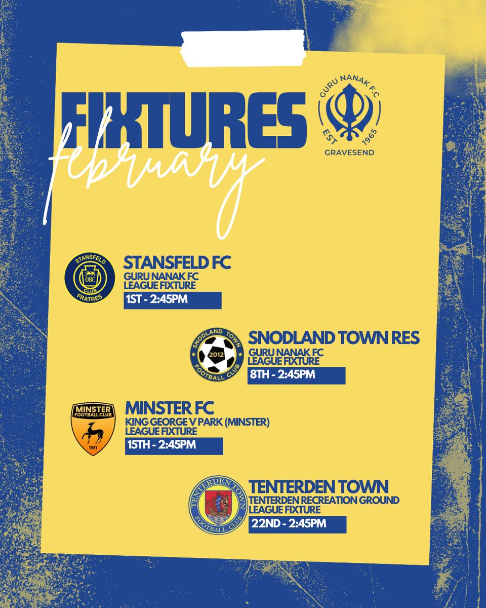 FEBRUARY ⚽️

Starting the month off at home vs. <a href="/StansfeldFC/">Stansfeld FC</a> and ending the month away to <a href="/TenterdenTownFC/">Tenterden Town FC</a> 

#gurunanakfc